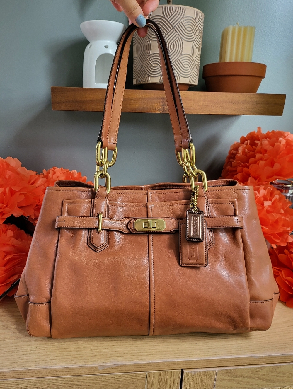 Coach Chelsea Jayden Brown Leather Shoulder Bag with brass hardware